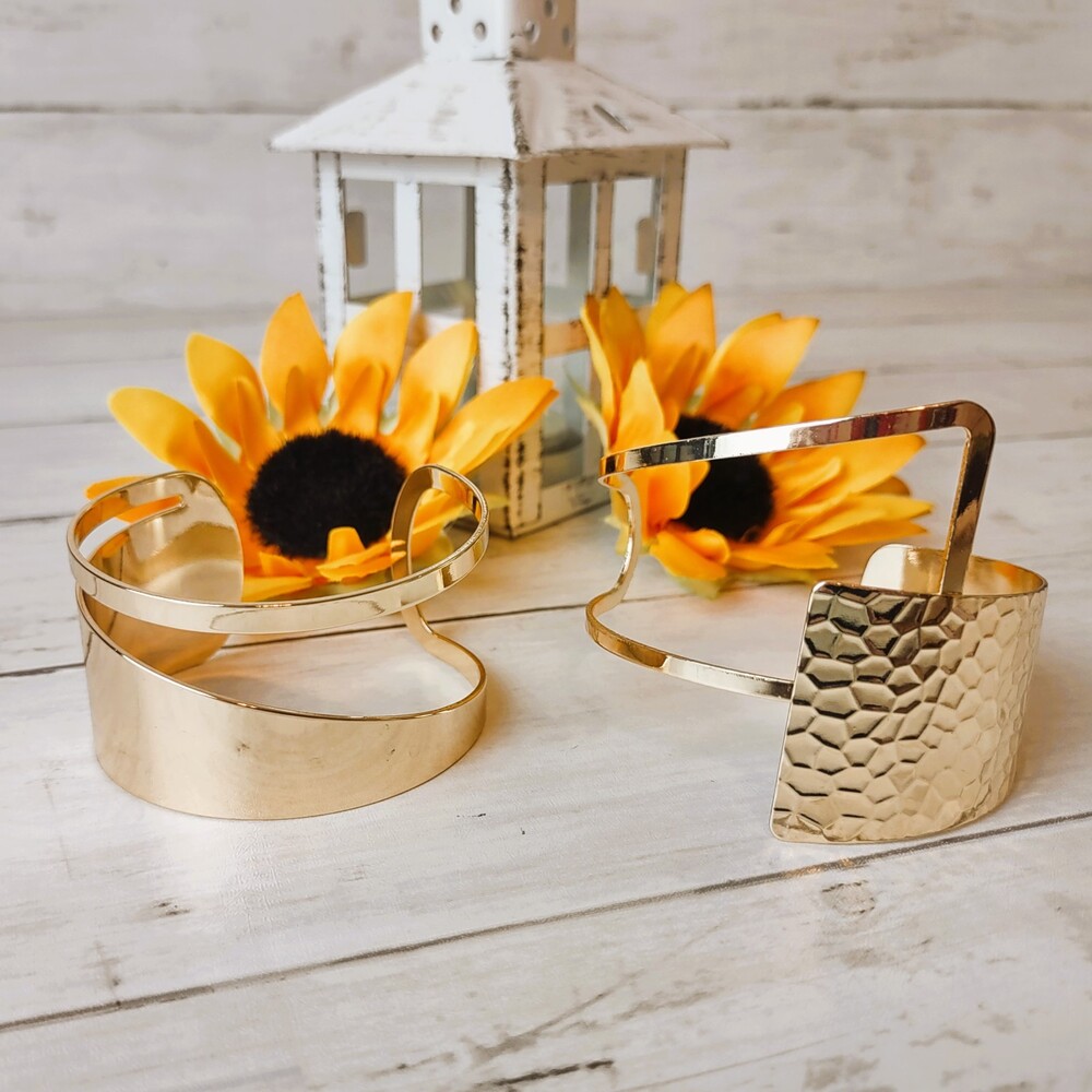 (2) Asymmetrical Gold Tone Cuff Bracelets-Hammered Look, Chic, Elegant